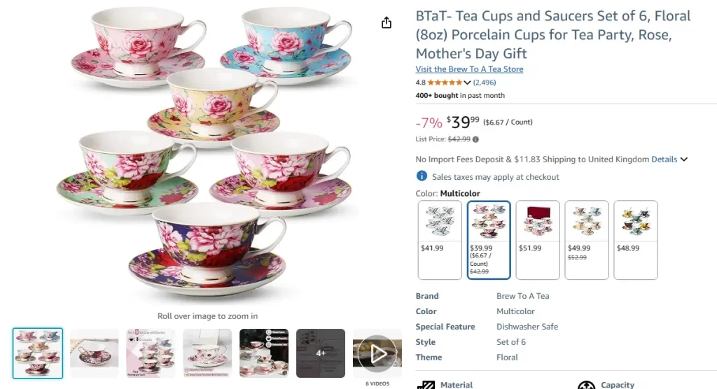 Juego de 6 tazas de té y platillos de porcelana con diseño floral BTaT