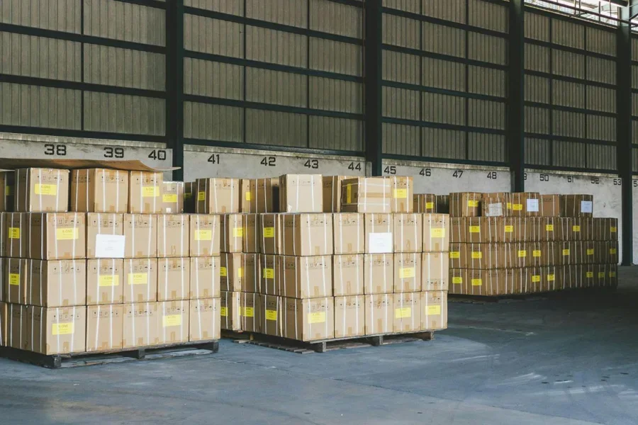 Boxes stored in a warehouse