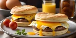 Sandwich sarapan dengan sosis, telur, dan keju