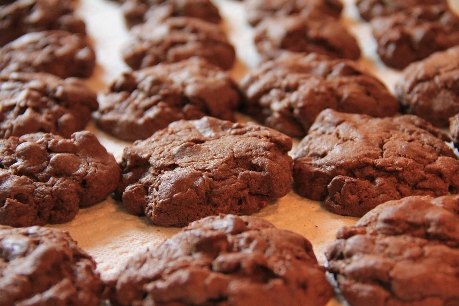 Chocolate cookies laid out on a tray