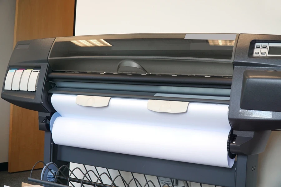 Close-up of a black large-format printer