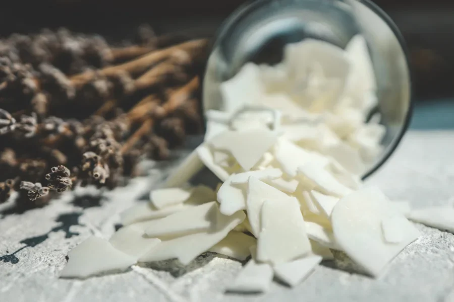 Close-up of soy wax next to lavender