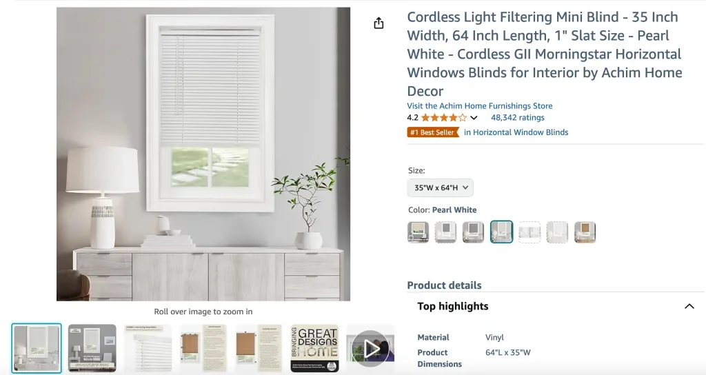 Cordless light filtering mini blind (35 x 64, pearl white)