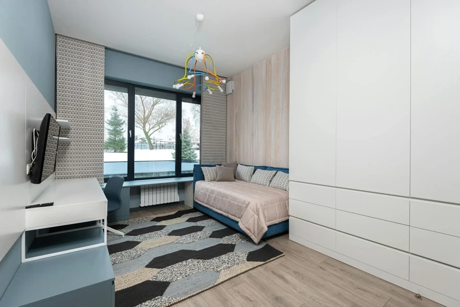 Cozy room with beige curtain robots