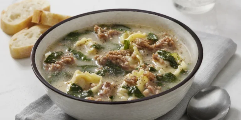 Creamy cheese tortellini with sausage soup in a soup bowl