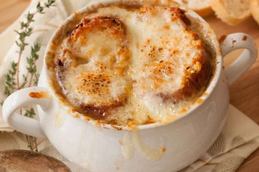 Crock of French onion soup