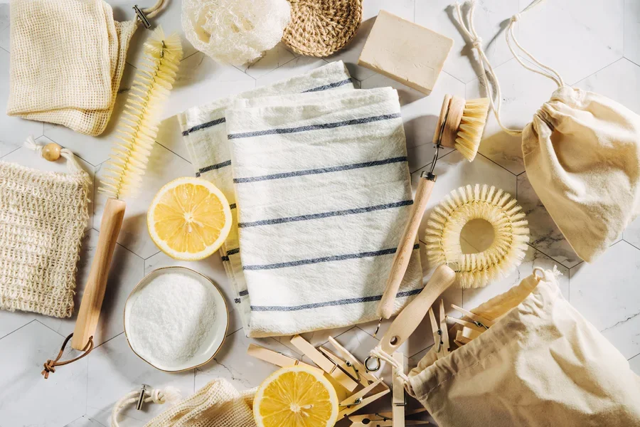 Different lengths of natural dish brushes with wood accessories