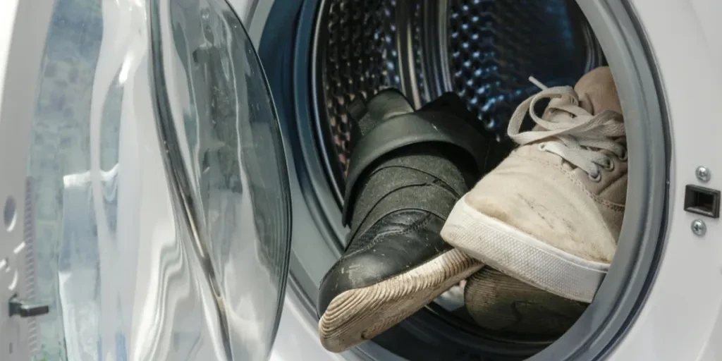Dirty shoes in a shoe-washing machine