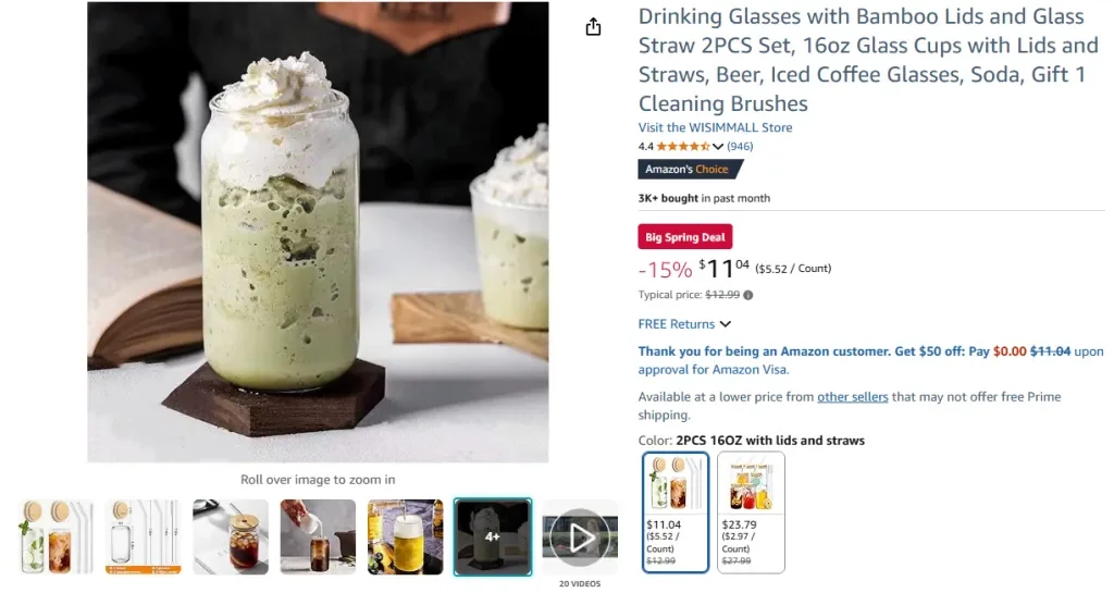 Gelas Minum dengan Tutup Bambu dan Sedotan Kaca (Set isi 2)