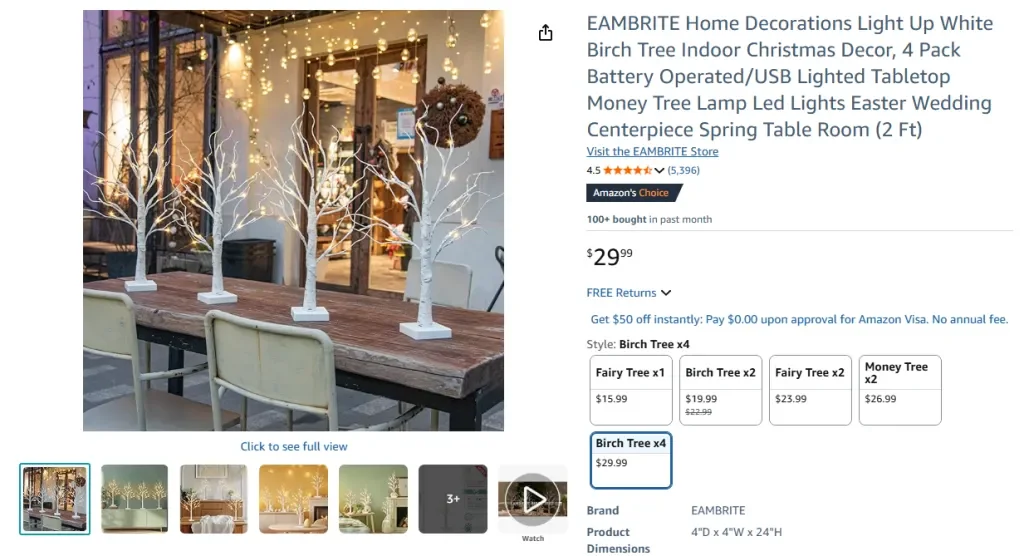 Украшения для дома EAMBRITE с подсветкой "Белая береза" (2 фута, 4 шт.)