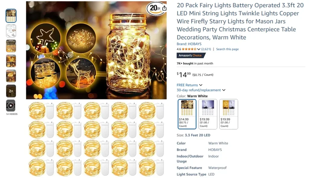 Guirnalda de luces HOBAYS (20 unidades, funciona con pilas, 3.3 m, 20 LED)