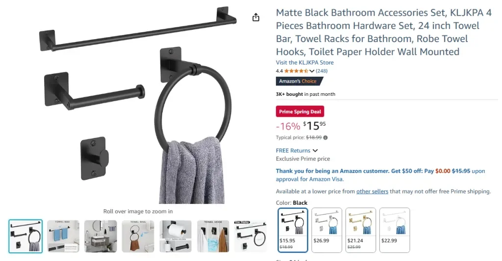 Juego de accesorios de baño KLJKPA negro mate (4 piezas)