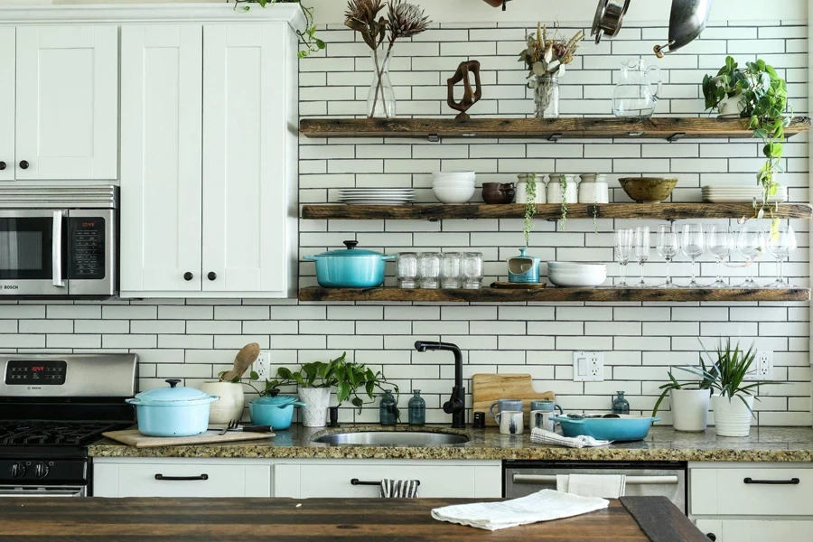 Kitchen with open shelves in rustic wood finish