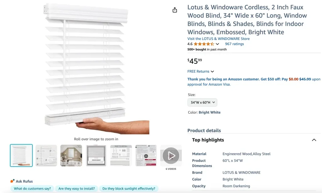Lotus & Windoware cordless 2 inch faux wood blind (34 x 60, bright white)