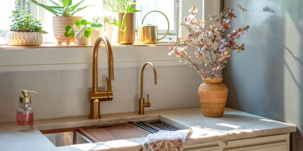 Modern kitchen with copper sink and wooden sink cover