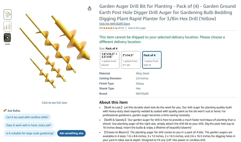 NAFOGAR Garden Auger Drill Bit Set (Pack of 4)