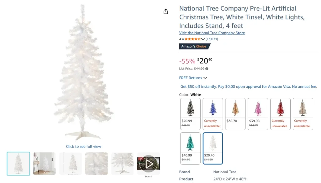 Искусственная рождественская ёлка от National Tree Company, белая мишура, 4 фута