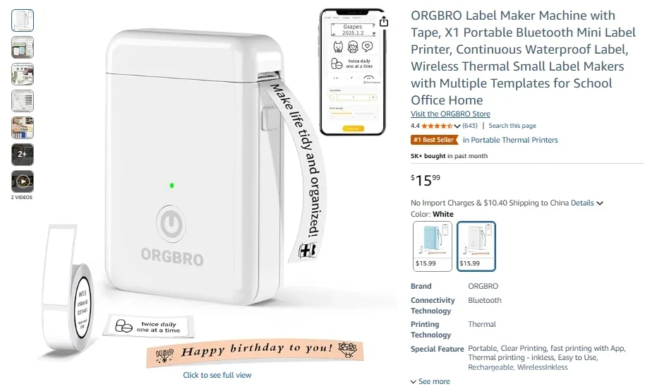 ORGBRO X1 Mini Bluetooth Label Printer