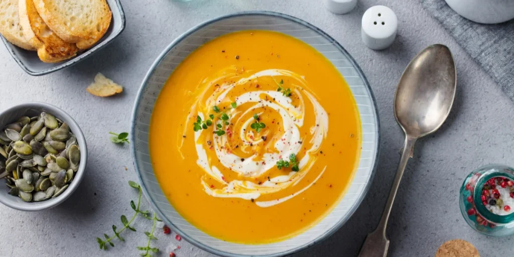 Orangensuppe mit Löffel und Brot