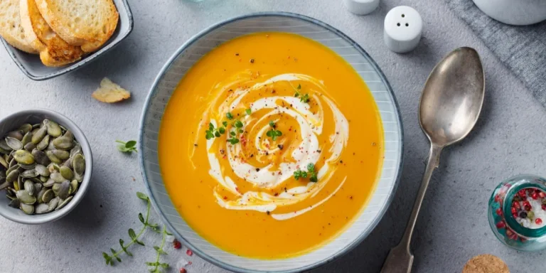Orange soup with spoon and bread