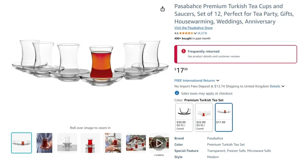 Juego de vaso y platillo para té turco Pasabahce