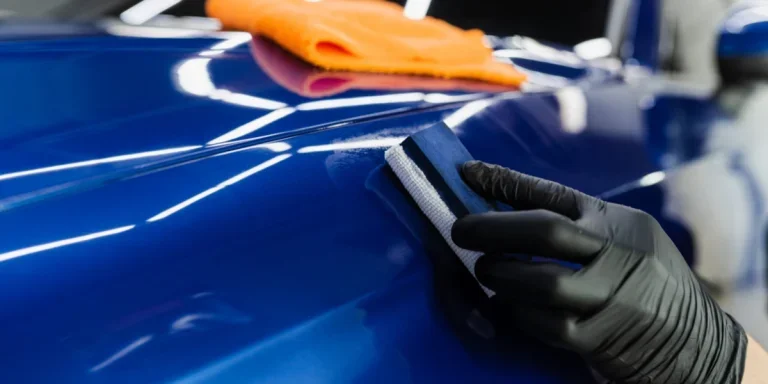 Человек наносит керамическое защитное покрытие на кузов автомобиля с помощью губки