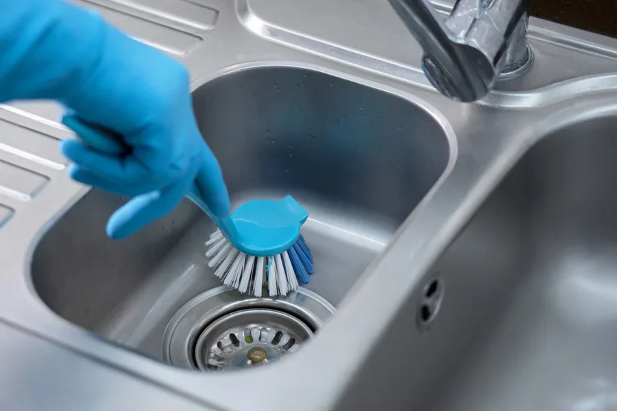 Person using plastic bristles for extra sparkle in sink