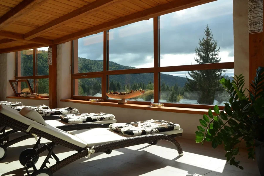 Row of sun beds at a spa center