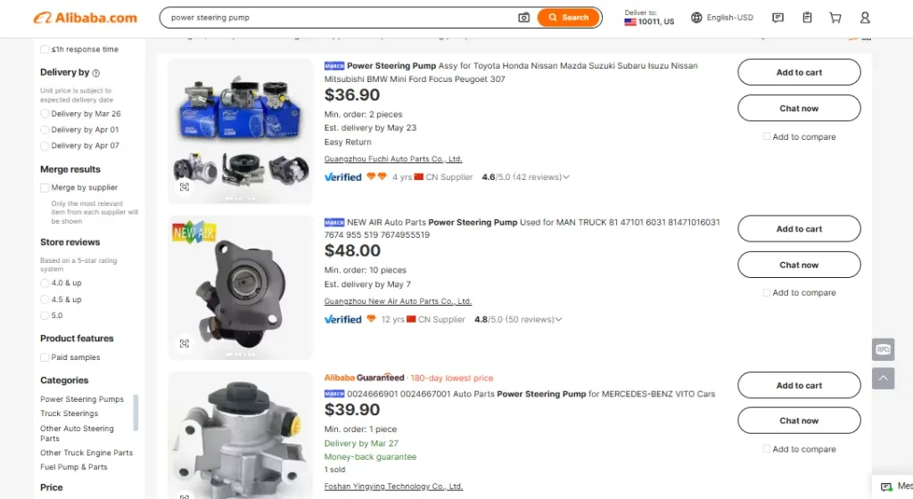 Screenshot of power steering pumps on Alibaba