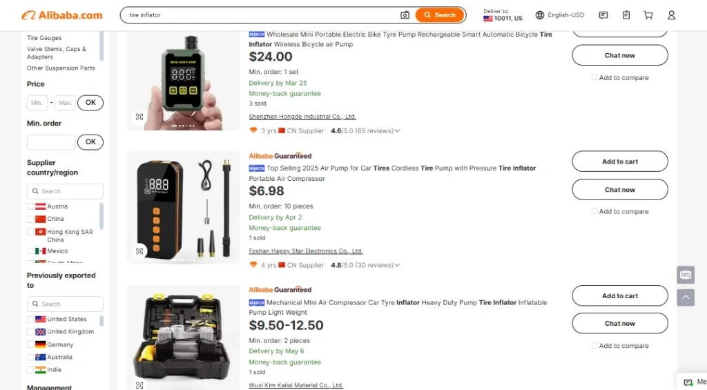 Screenshot of tire inflators on Alibaba.com