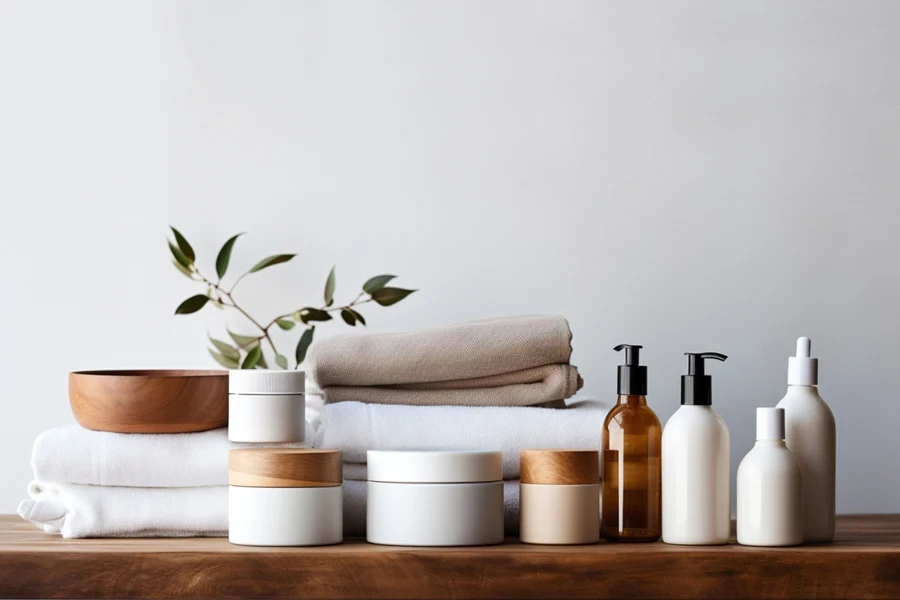 Selection of hair care products lined up on table