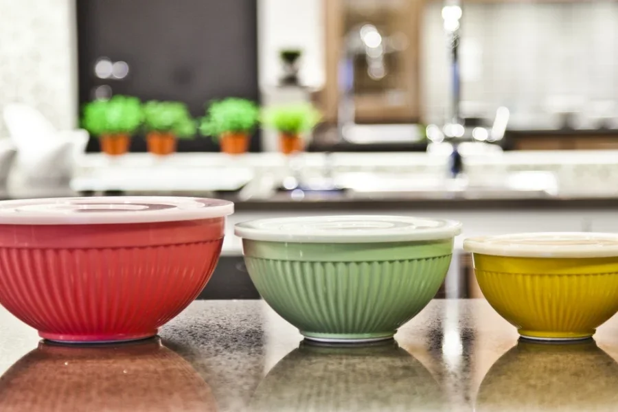 Set of plastic mixing bowls in a kitchen