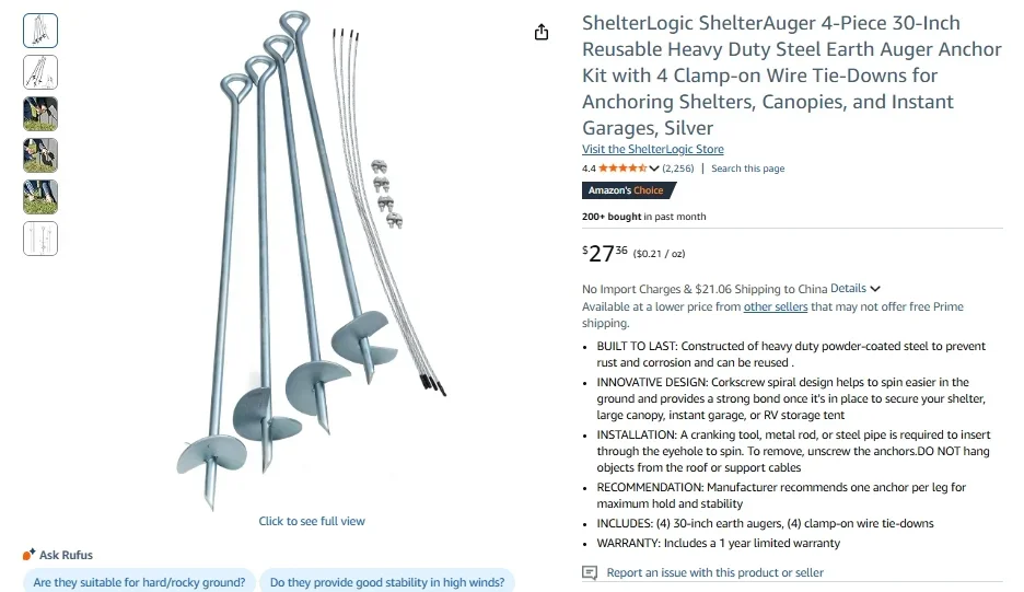 ShelterLogic ShelterAuger 30-Inch Earth Auger Anchor Kit (4-Piece)