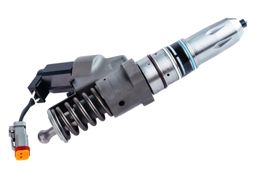 Side view of a fuel injector on a white background