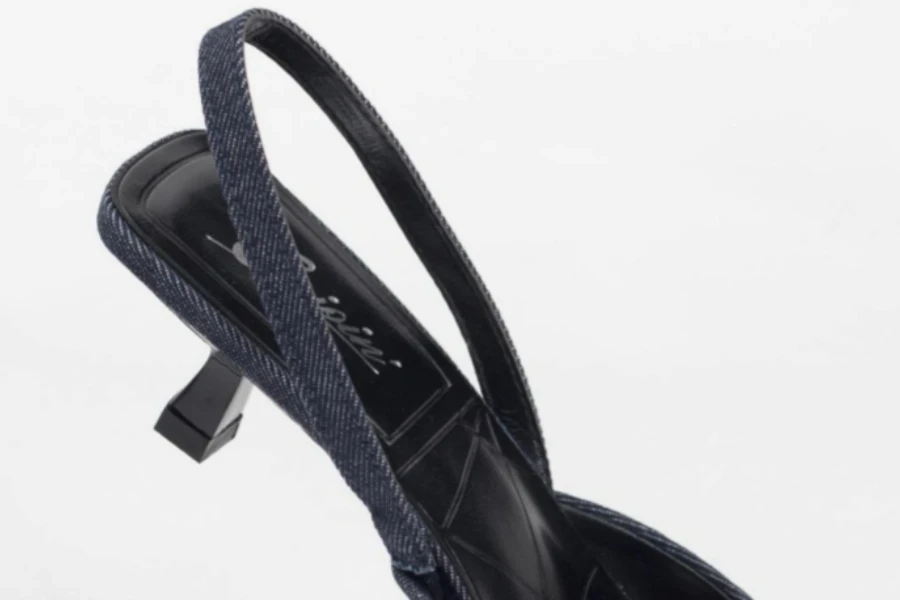 Slingback kitten heel mules against a white background
