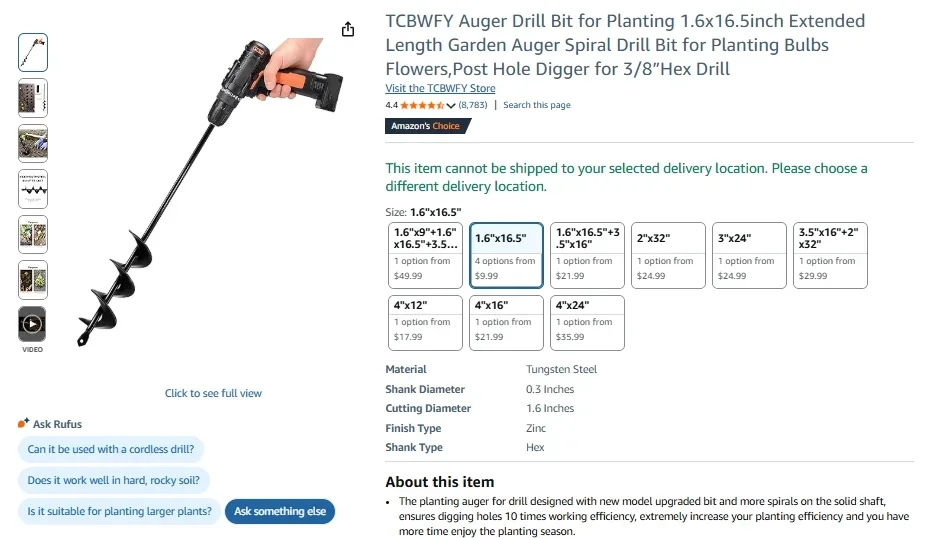 TCBWFY Auger Drill Bit for Planting, 1.6 x 16.5 Extended Length