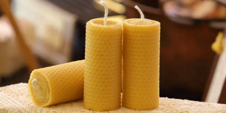 Tres velas de cera de abejas en un soporte