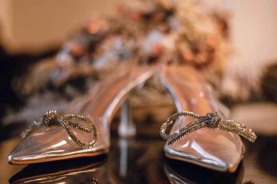 Transparent PVC Slingback heels with silver knitted bow