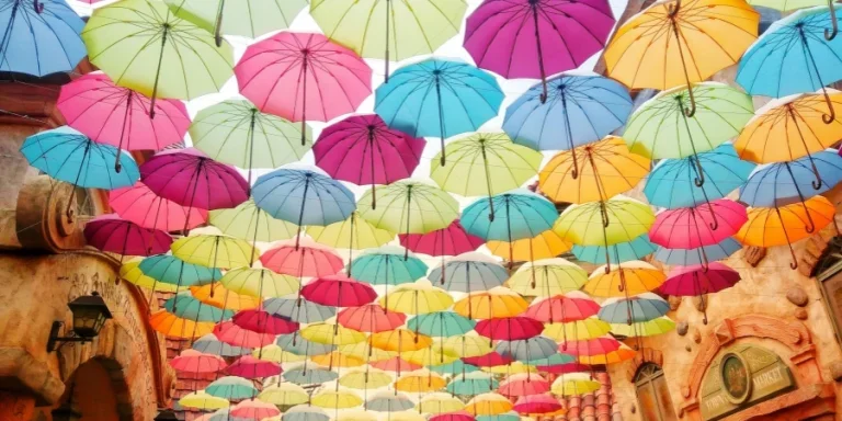 Umbrella flowers are in full bloom in the blue sky, created on the main street of Aesop Village in Everland Resort in South Korea