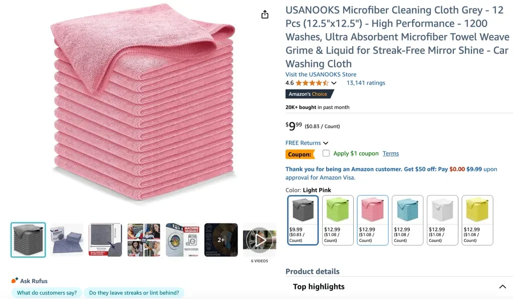 Paño de limpieza de microfibra Usanooks (12 unidades, gris)