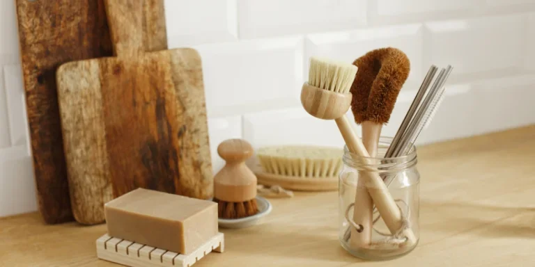 Various eco-friendly kitchen brushes next to chopping boards at home