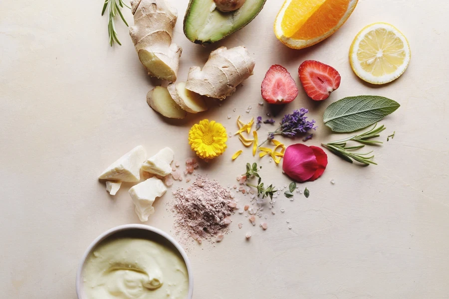Various fresh ingredients used in sustainable skincare products