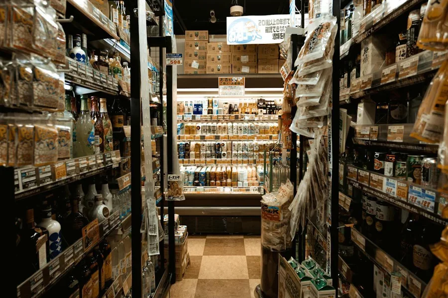 Various products on shelves inside grocery store