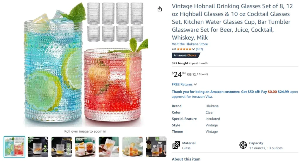 Set Gelas Minum Hobnail Vintage 8 Buah (12oz)