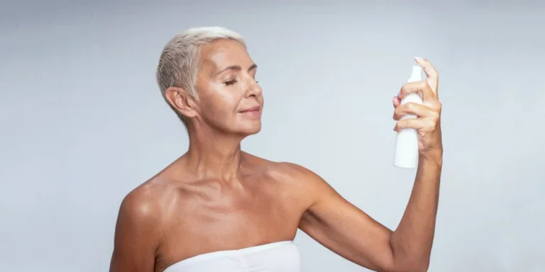 Woman holding spray bottle and misting face