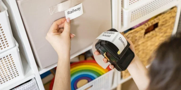 Woman mother applying paper sticker with name title on basket container clean out of childish toys