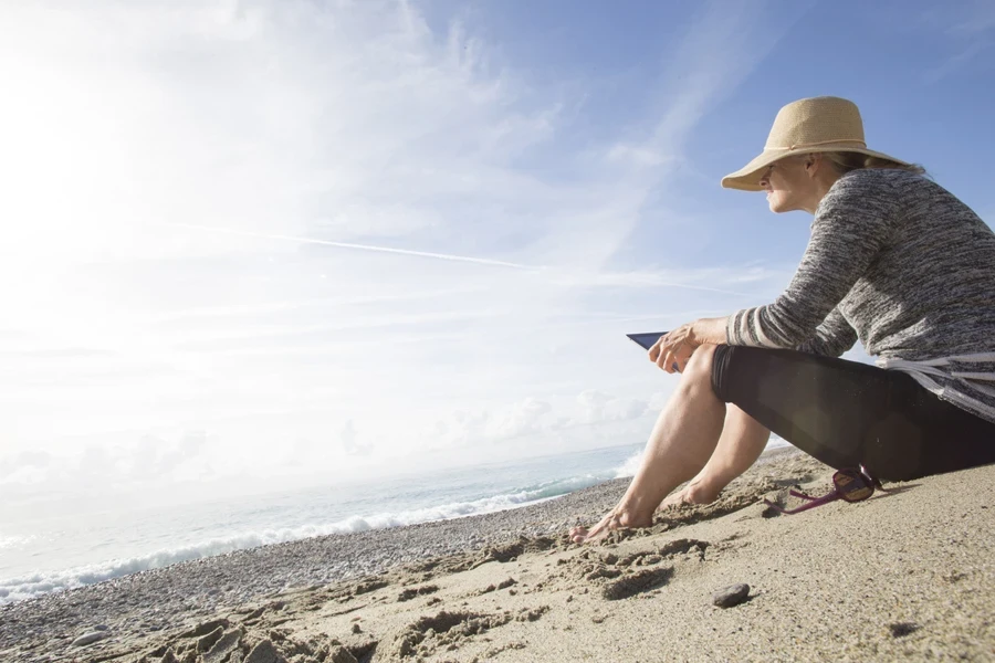 Woman sitting on sandy beach wearing sun hat