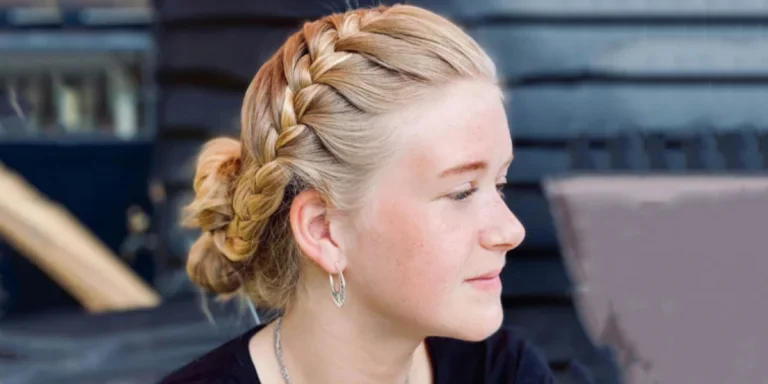 Young blond girl with Dutch braids at cottage