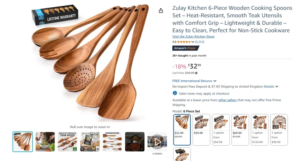 Juego de 6 cucharas de madera para cocinar Zulay Kitchen