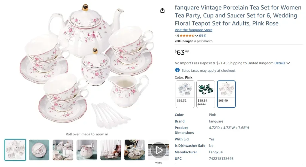 Juego de té de porcelana rosa de 21 piezas fanquare